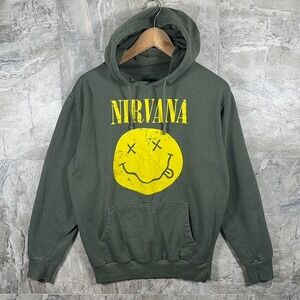 Nirvana Sweatshirt Men's Size M Green Olive Smiley Face Pullover Long Sleeve